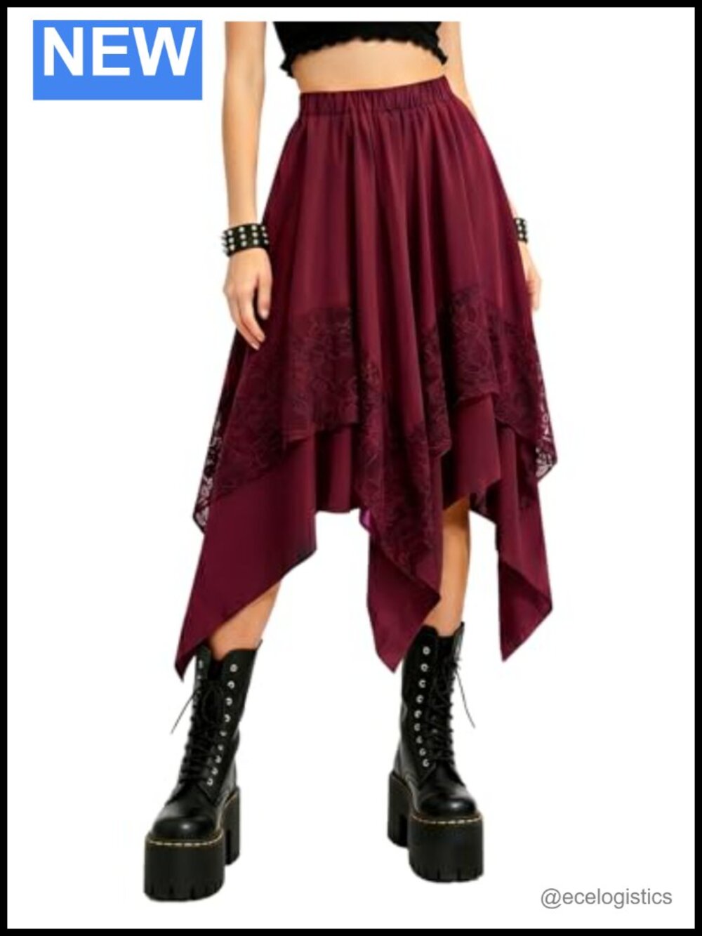Asymmetrical A-Line Midi Skirt Lace Trim Elastic Waist Renaissance Gothic Flowy